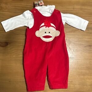 Red Sock Monkey Kids Matching Set with Overalls and Turtleneck Classic, Timeless